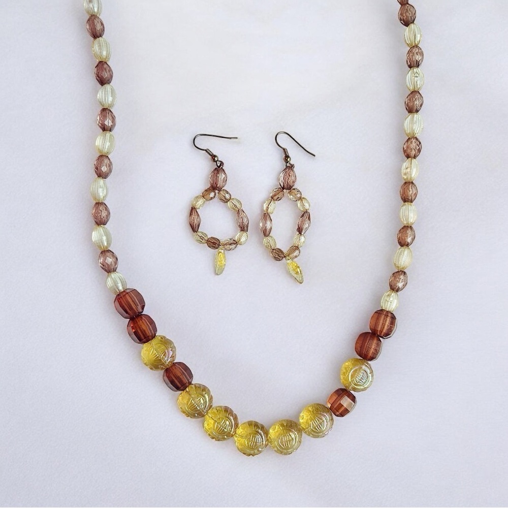 Vintage Acrylic Beaded Necklace & Dangle Earrings Matching Set Boho Handmade